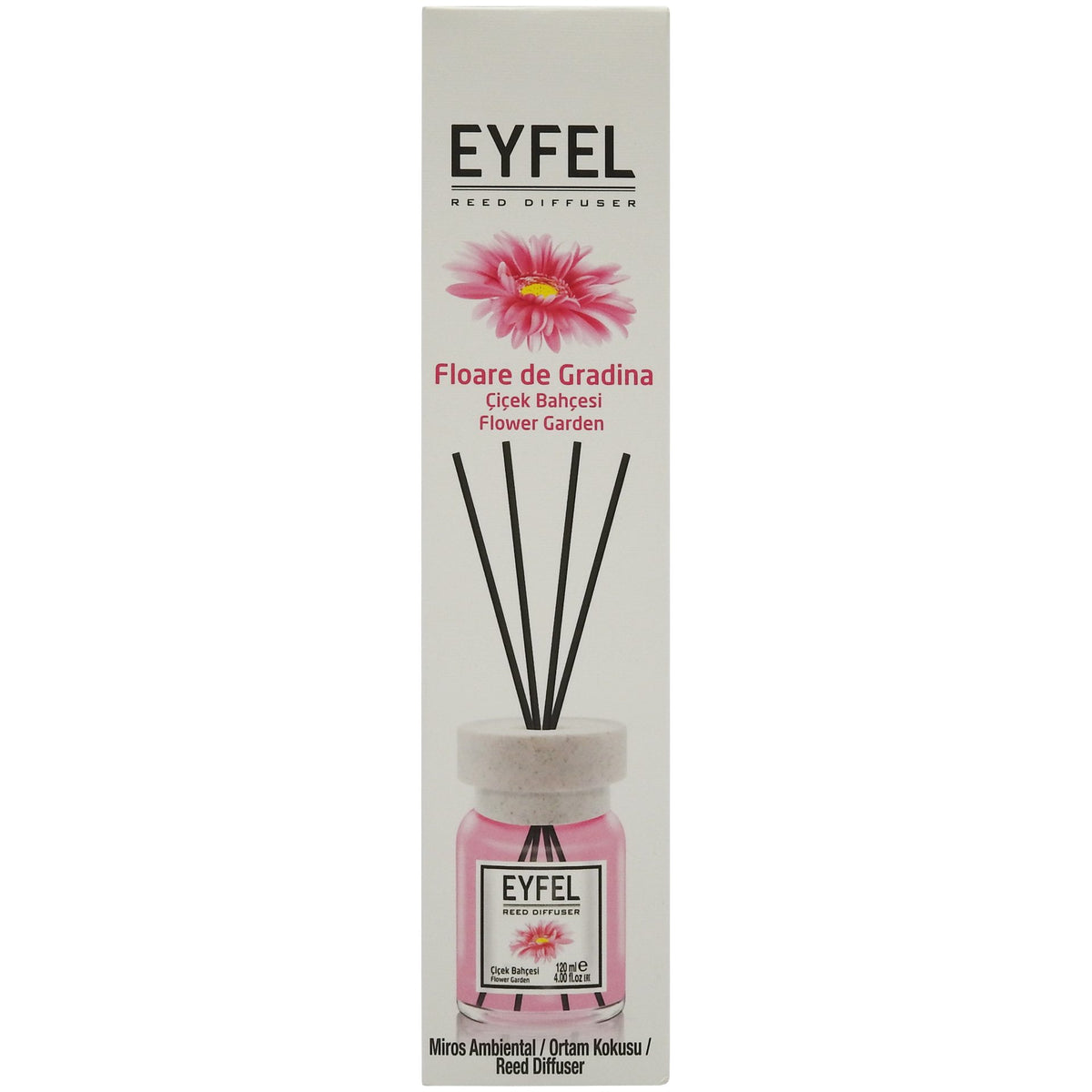 Eyfel Odorizant Camera cu Betisoare, Difuzor de Parfum Ambient, Aroma Florala Flower Garden, Ratan Natural, Flacon 120 ml, Roz