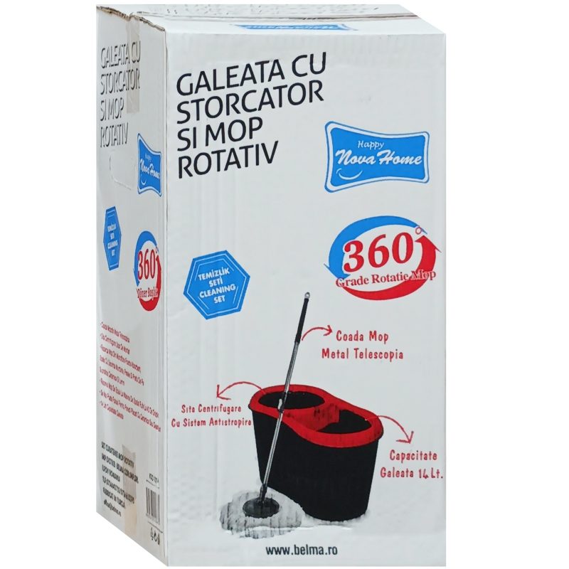 Nova Home Set Galeata cu Storcator si Mop Rotativ 360 Grade, Coada Telescopica Metalica, Microfibra Inalta Calitate, Interior si Exterior, Capacitate 14 L, Negru