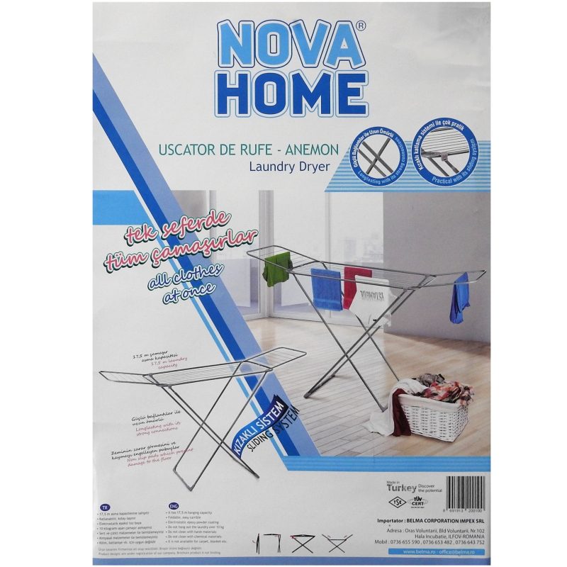Nova Home Uscator de Rufe Pliabil, Model Classic cu Cadru Metalic Robust, Capacitate de Uscare 17.5 m, Interior si Exterior, Gri