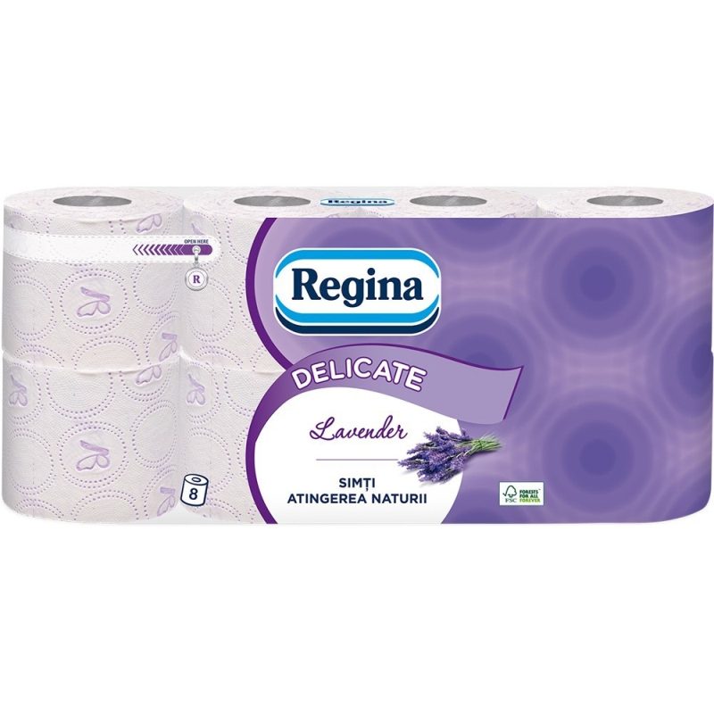 Hârtie Igienică Regina Lavanda, 3 Straturi, Parfum Subtil de Lavandă, Celuloză 100%, Set 8 Role