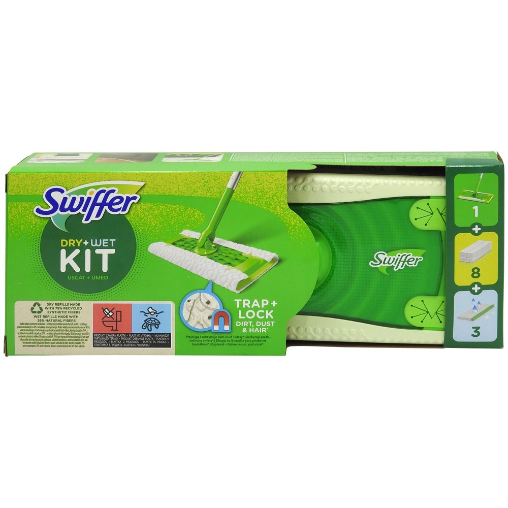 Swiffer Kit Mop Universal Pentru Curatarea Podelelor, Sistem Cu Cap Rotativ, 8 Lavete Uscate Si 3 Lavete Umede, 12 Piese, Verde/Alb