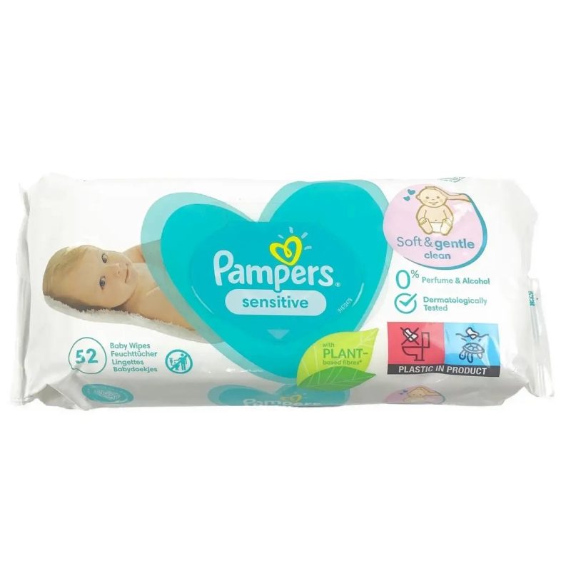 Pampers Baby Sensitive, Servetele Umede pentru Piele Sensibila, Testate Dermatologic, Fara Parfum, Pachet cu Capac, 52 Bucati