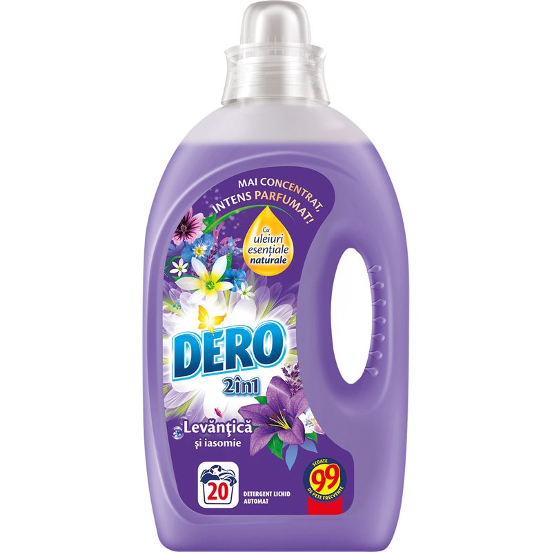 Dero Detergent Lichid Rufe 2in1, Curatare in Profunzime, Parfum Lavanda si Iasomie, Format Universal, 1 L, 20 Spalari