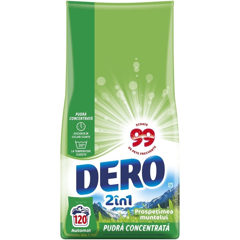 Dero Detergent Automat Rufe 2in1, Prospetimea Muntelui, Formula Pudra pentru Haine Colorate, 120 Spalari, 9 kg