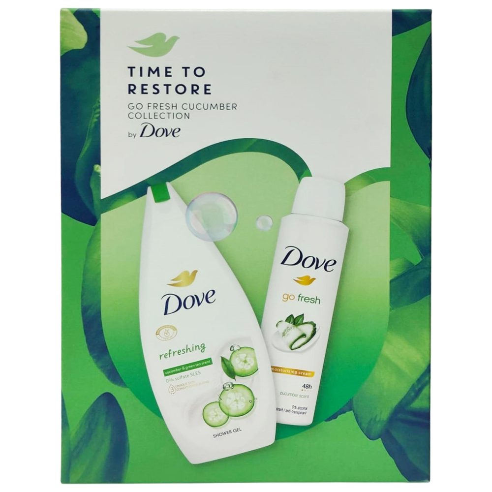Dove Set Cadou Refreshing, Gel de Dus si Deodorant Spray, Formula Revigoranta pentru Piele Normala, 2 Piese, 250 ml + 150 ml
