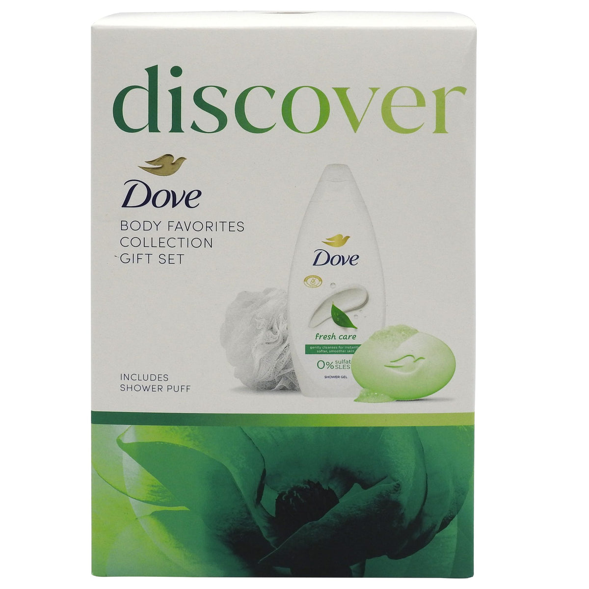 Dove Set Cadou Care, Kit Îngrijire Corp cu Gel de Duș și Săpun Solid, Formulă Hidratantă Aromă Fresh, 3 Piese, Gel de Duș 250 ml, Săpun 90 g, Burete de Baie Albastru/Alb