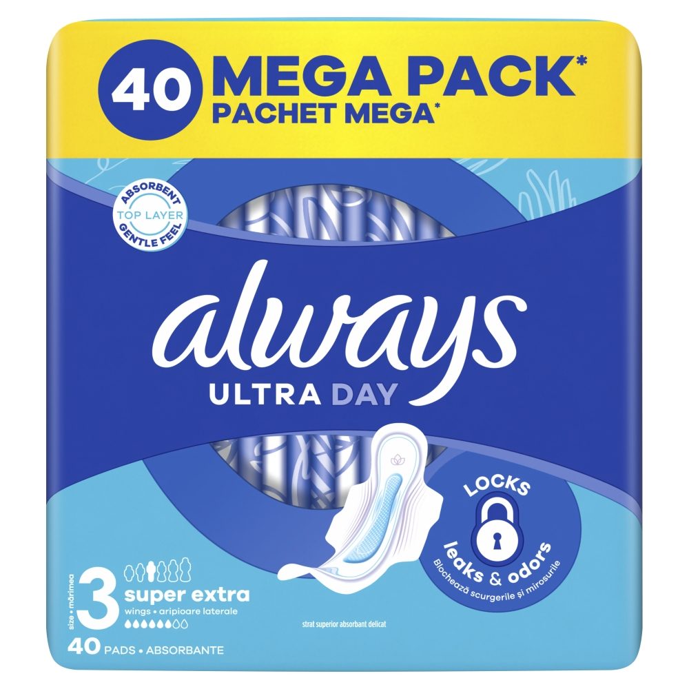 Always Absorbante Ultra Day and Night, Protectie 24/7 cu Aripioare, Material Bumbac, Set 40 Bucati