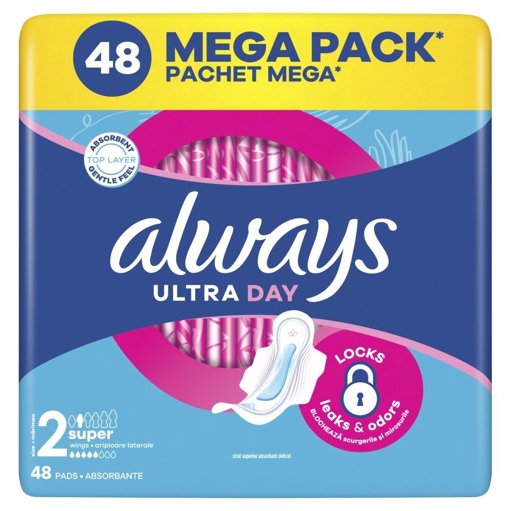 Always Absorbante Zilnice Ultra, Model Lung cu Aripioare pentru Protectie Menstruala, Bumbac Natural, Set 48 Bucati