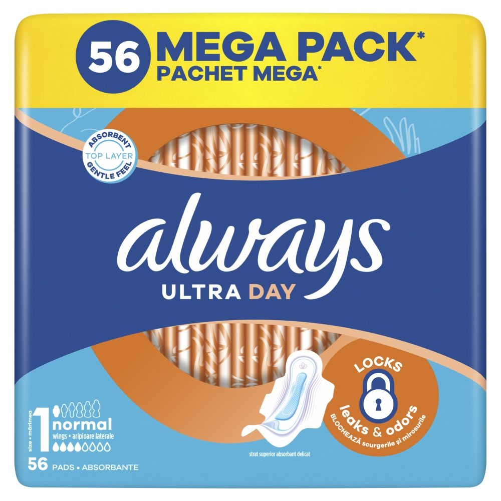 Always Ultra, Absorbante Igienice pentru Ciclu Menstrual, Protectie cu Aripioare, Material Bumbac, 56 Bucati