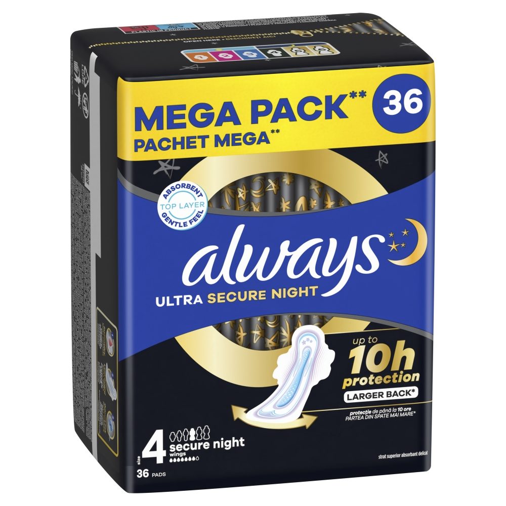 Always Ultra Secure Night Absorbante Igienice de Noapte cu Aripioare, Protectie Maxima, Strat Superior cu Material Bumbac, 36 Bucati