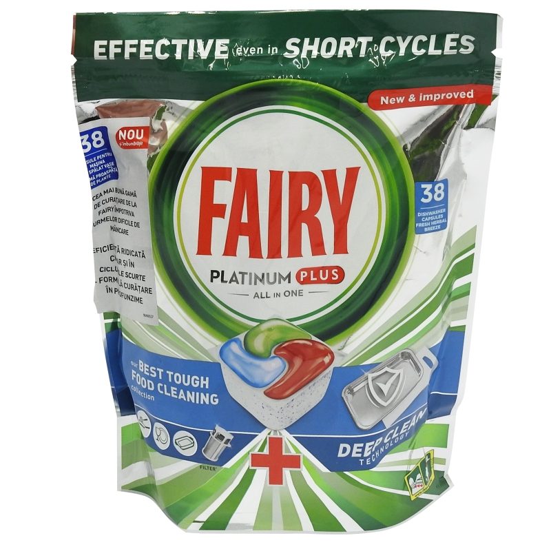 Fairy Platinum Detergent Capsule pentru Masina de Spalat Vase, Formula Concentrata cu Actiune de Lustruire si Degresare, 38 Bucati