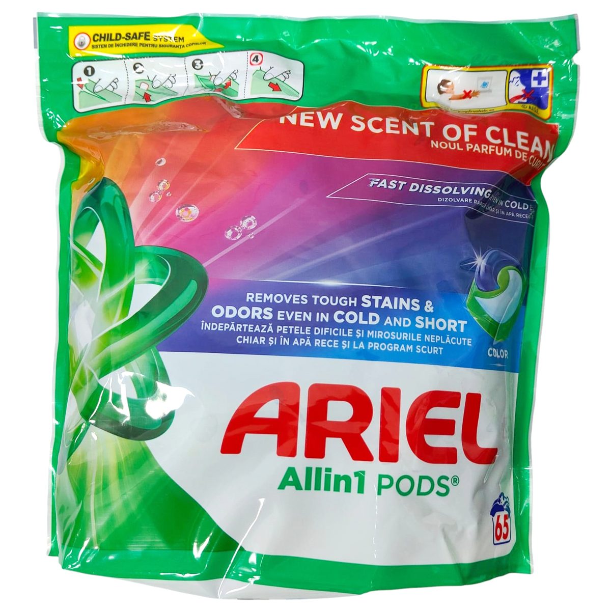 Ariel Detergent Capsule Pods All in 1, Protectie Culori si Curatare Eficace la Temperaturi Joase, Format Economic, 65 Bucati