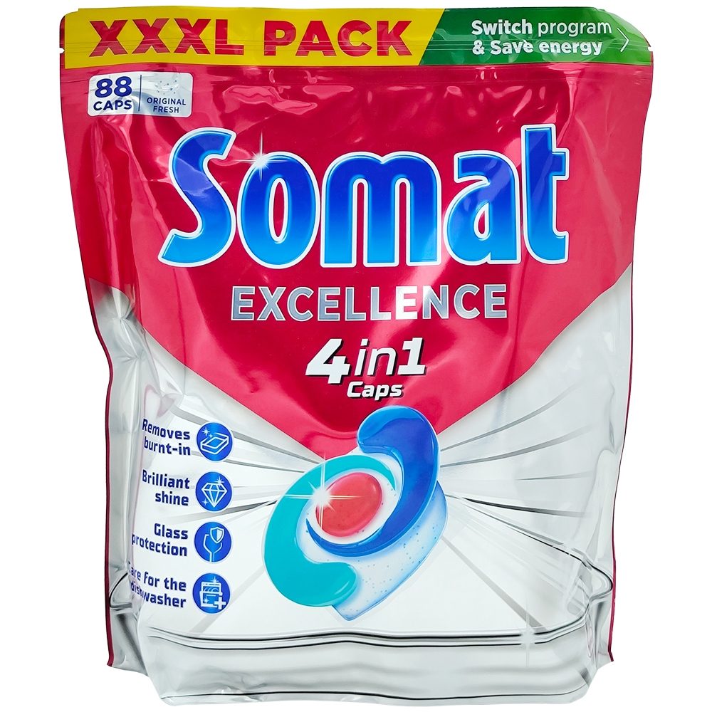 Somat Detergent Capsule Masina Spalat Vase, 4 in 1 Excellence, Curatare Profunda si Stralucire, Aroma Fresh, 88 Bucati