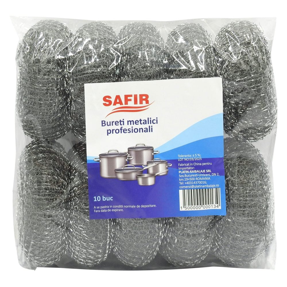 Safir Burete de Sarma pentru Vase, Set 10 Bucati, Curatare Intensiva, Otel Inoxidabil, 40 g per Bucata