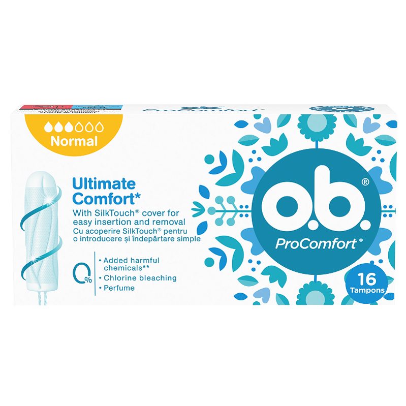 OB Tampoane Interne ProComfort Normal, Invelis SilkTouch pentru Inserare Usoara, Material Bumbac, Protectie Zi si Noapte, Set 16 Bucati