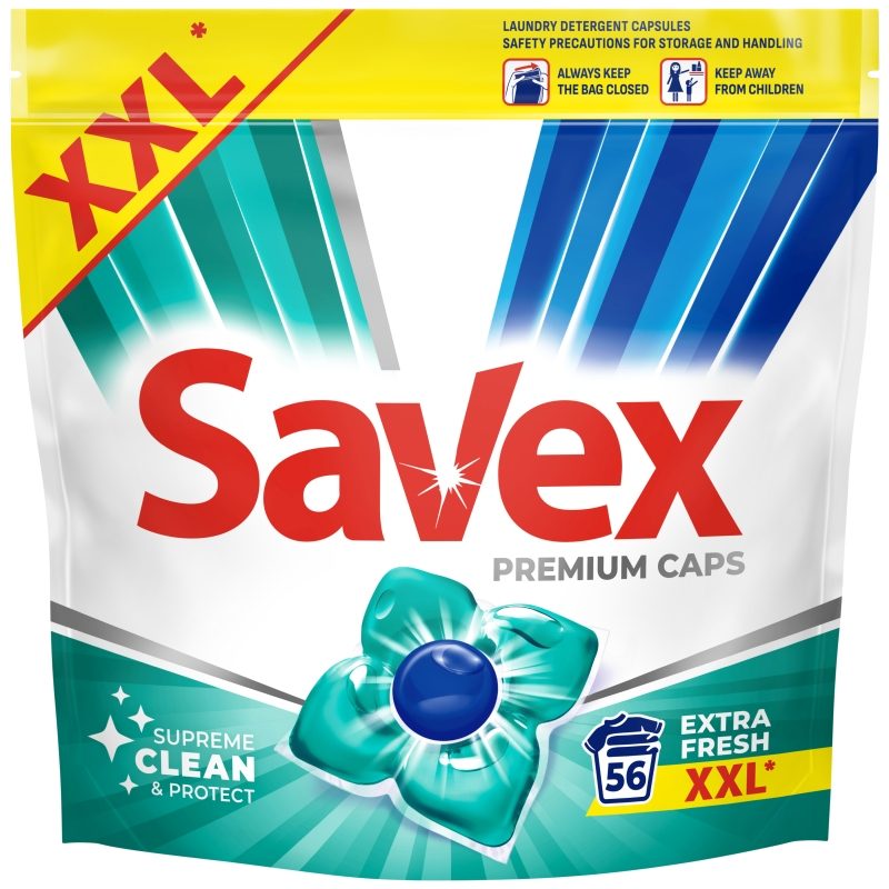 Savex Extra Fresh, Detergent Capsule pentru Rufe, Curatare Intensiva, Parfum Proaspat, 56 Bucati