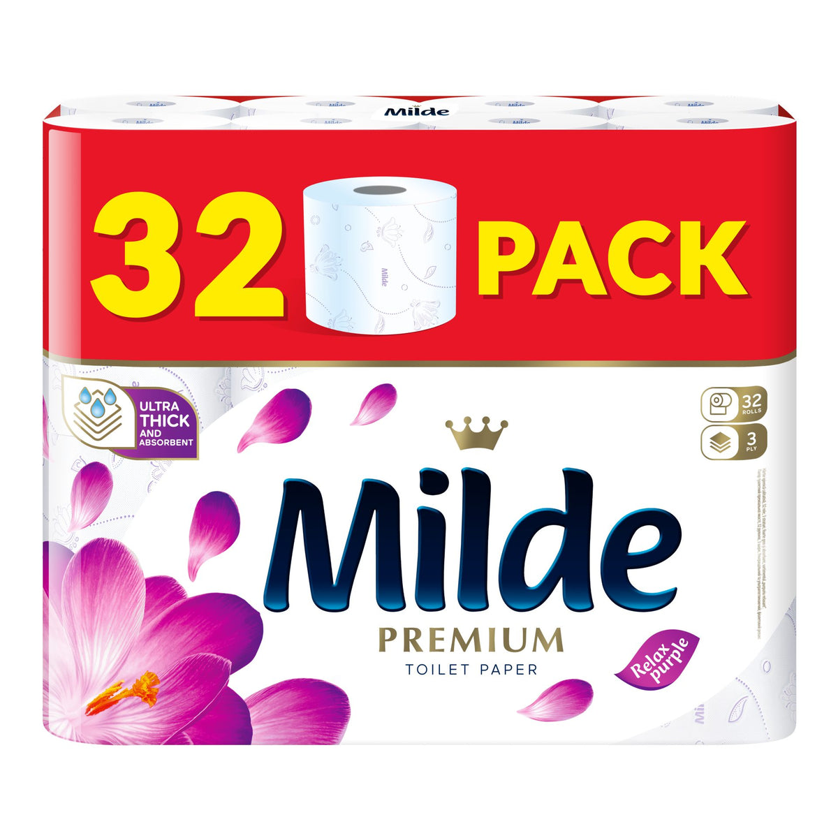 Hartie Igienica MIDLE Relax Purple, 3 Straturi, Celuloza 100%, Fara Parfum, Rezistenta si Absorbanta, Set 32 Role, Alb