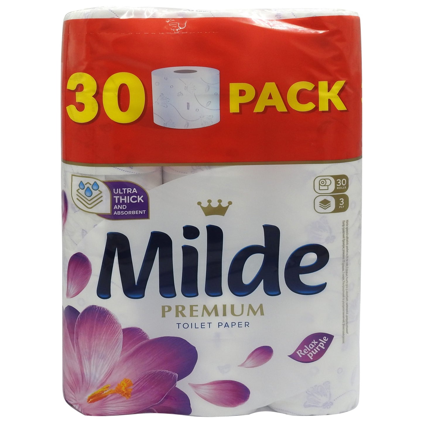 Milde Relax Purple, Hartie Igienica, 3 Straturi, Celuloza 100% Pura, Fara Parfum, Set 30 Role, Alb