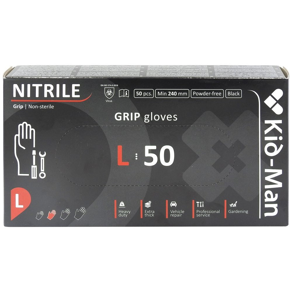 Kid-Man Manusi Nitril Grip N50 de Protectie, Nepudrate, Texturate, Rezistente, Negru, Marime L, 50 Bucati