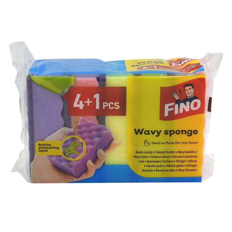 Set 4 Bureți de Bucătărie Fino Ondulat, Suprafață Abrazivă pentru Curățare, Spumă Poliuertanică, Formă Ergonomică Wavy, Multicolor, 4 Bucăți
