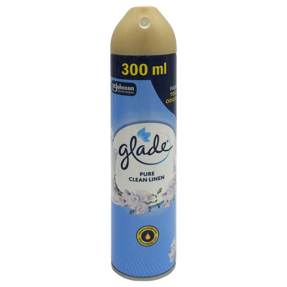 Glade Spray de Camera, Odorizant Aerosol cu Parfum de Rufe Curate, Tehnologie de Eliminare a Mirosurilor Neplacute, 300 ml, Clean Linen