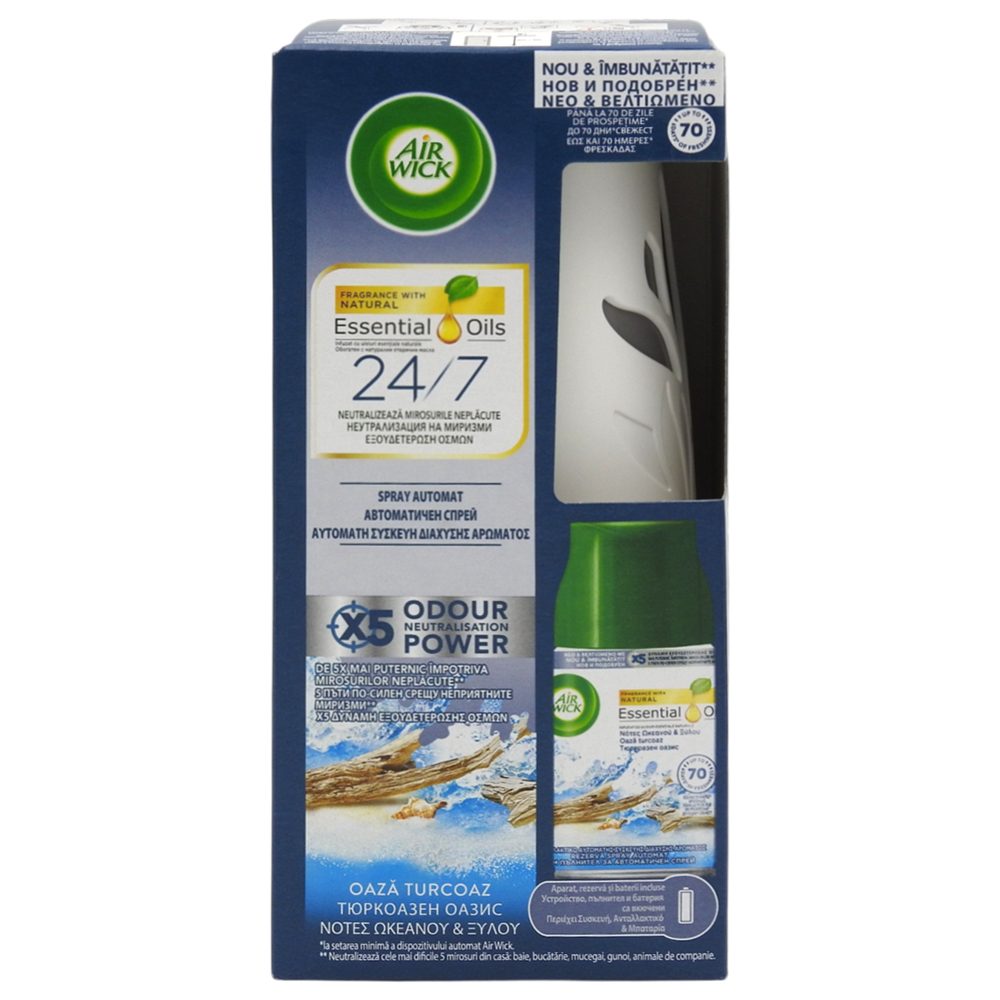 Odorizant Camera Air Wick Life Scents Turquoise Oasis, Rezerva Aparat Automat, Note Marine si Lemn de Cedru, 250 ml