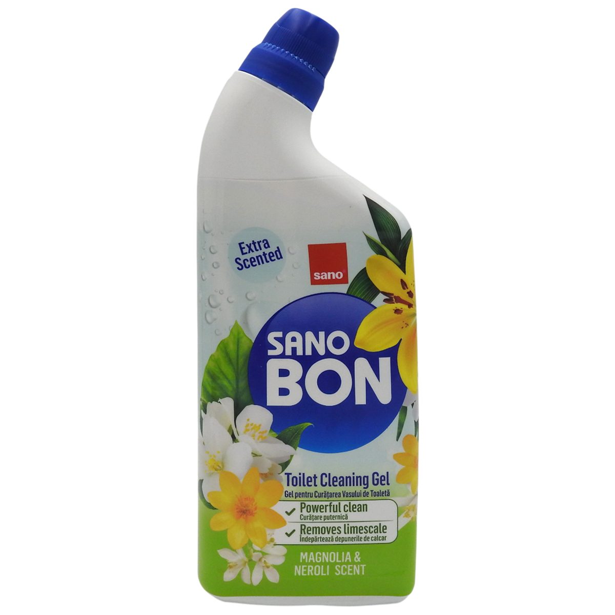 Sano Bon Solutie Curatare WC, Actiune 5 in 1, Parfum Magnolia si Neroli, Recipient cu Gat Curbat, 750 ml