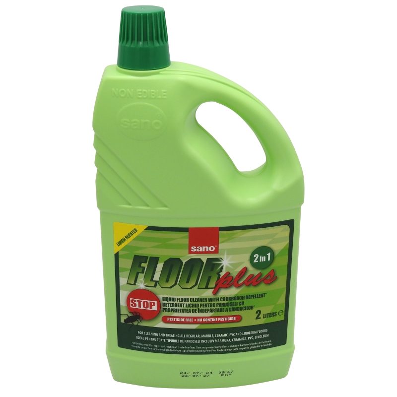 Detergent Pardoseli Sano Floor Plus, Solutie de Curatare cu Efect de Lustruire, Parfum Proaspat, Bidon 2 L