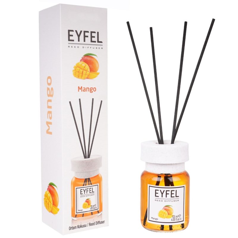 Odorizant de Camera Eyfel cu Difuzor si Bete de Rattan, Parfum de Fructe, Recipient din Sticla, Aroma Mango, 120 ml