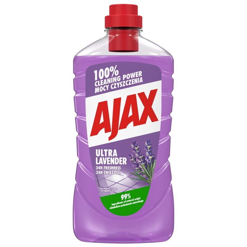 Detergent Universal Ajax, Solutie pentru Curatat Pardoseli, Igienizare si Parfum de Lungă Durată, Ultra Lavandă, Flacon 1 L