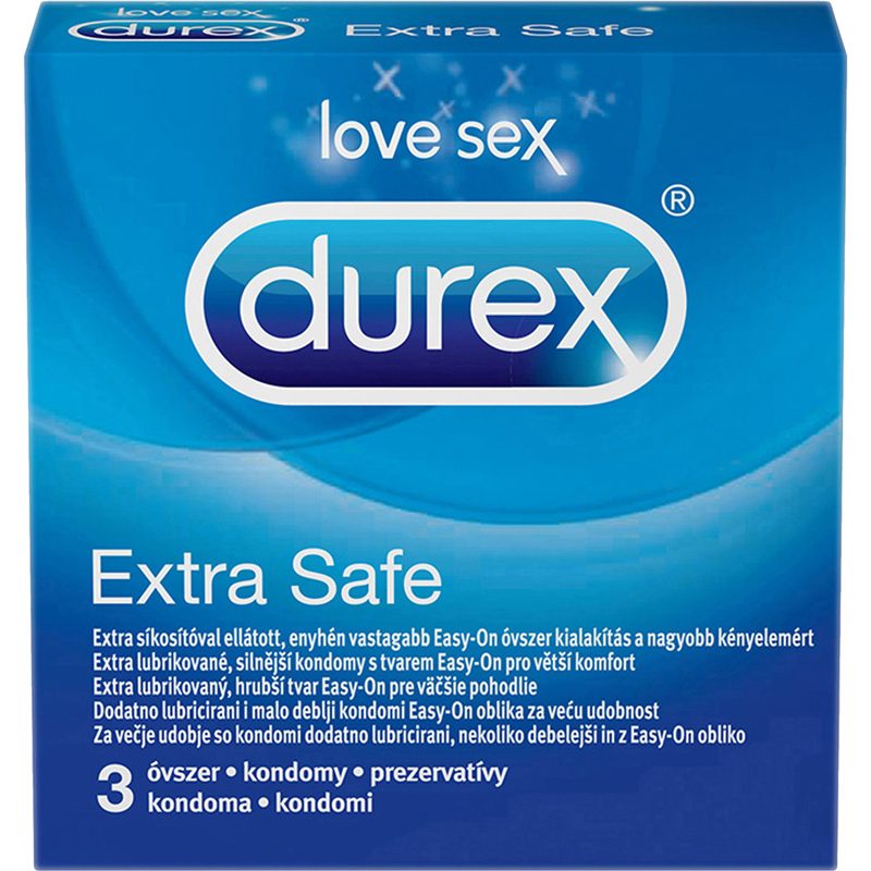 Durex Extra Safe, Set 3 Prezervative Din Latex, Cu Pereti Mai Grosi Si Lubrifiere Suplimentara, Transparent, 3 Bucati