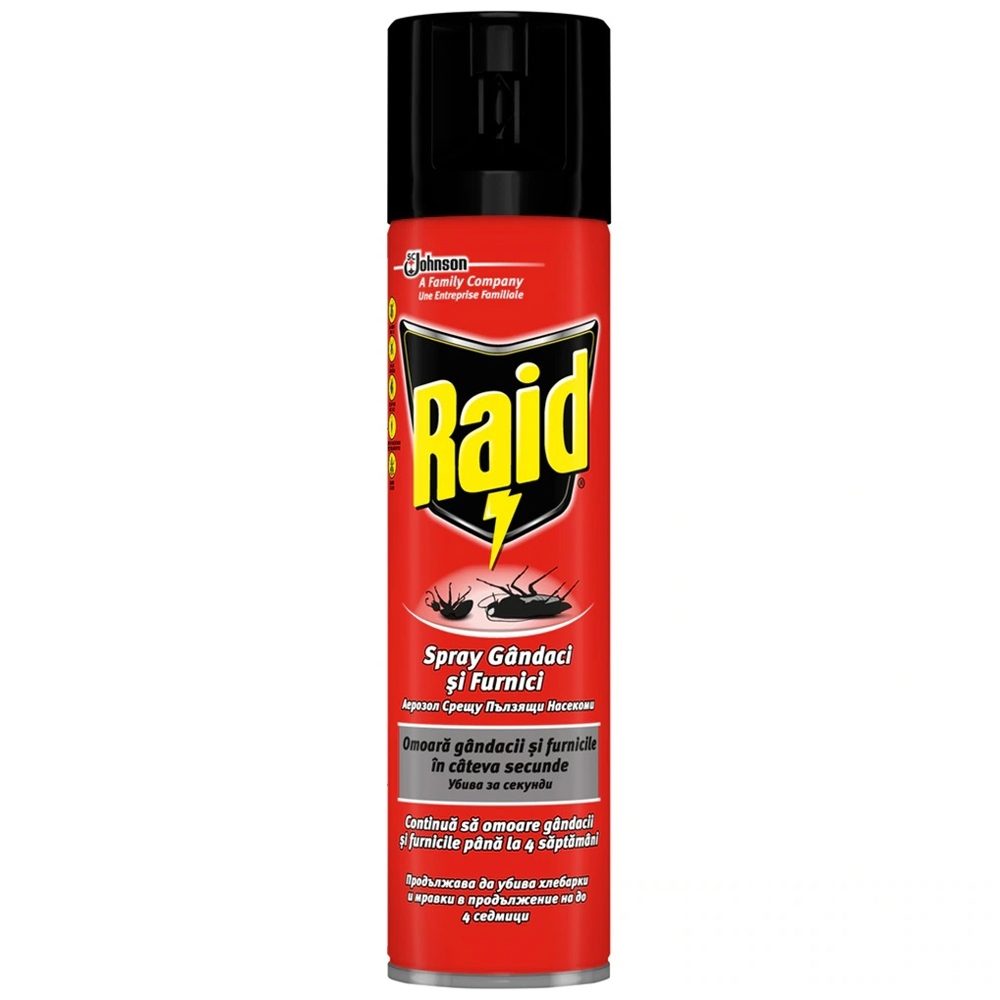 Raid Insecticid Spray Contra Gandacilor si Furnicilor, Actiune Rapida si Protectie de Durata, Recipient Metalic, 400 ml