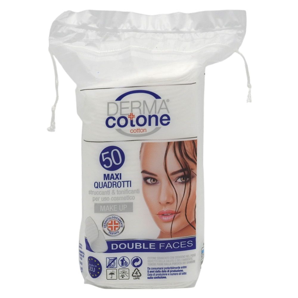 Derma Cotone Dischete Demachiante Patrate, Bumbac Hidrofil, 50 Bucati