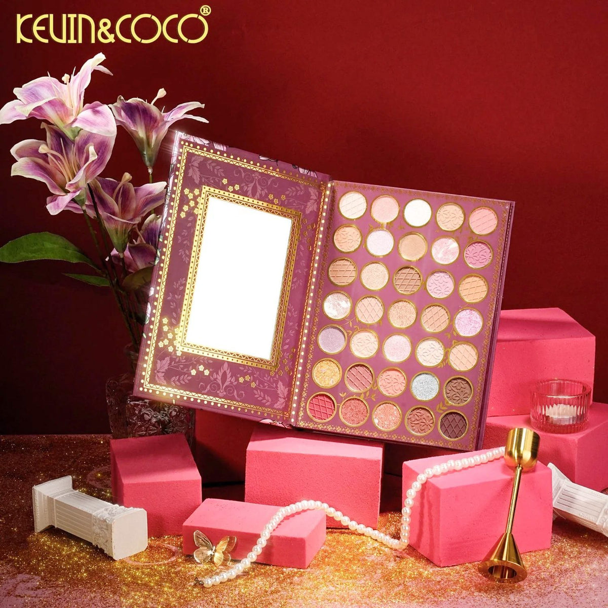 Kevin&Coco, Paleta de Machiaj All-in-One, Model Flowers cu 82 Nuante de Farduri, Blush si Iluminatoare, Design Tip Carte, Multicolor, 16.3x22.4x2.5 cm