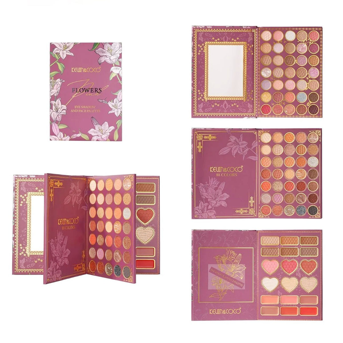 Kevin&Coco, Paleta de Machiaj All-in-One, Model Flowers cu 82 Nuante de Farduri, Blush si Iluminatoare, Design Tip Carte, Multicolor, 16.3x22.4x2.5 cm