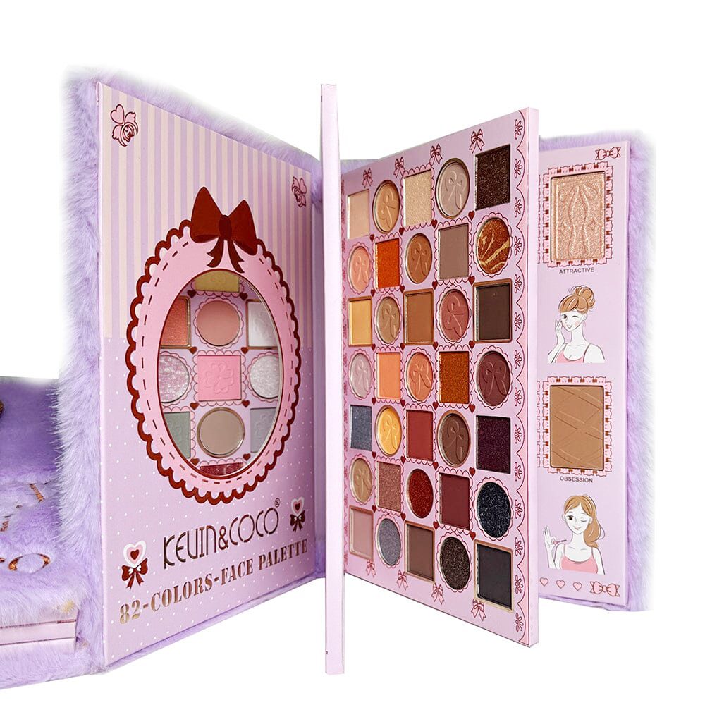 Kevin&Coco Paleta de Machiaj, Farduri de Pleoape, Blush si Iluminator, Format Carte, Purple Plush Bow, 82 Nuante, Multicolor, 22.8x17.4x4.6 cm