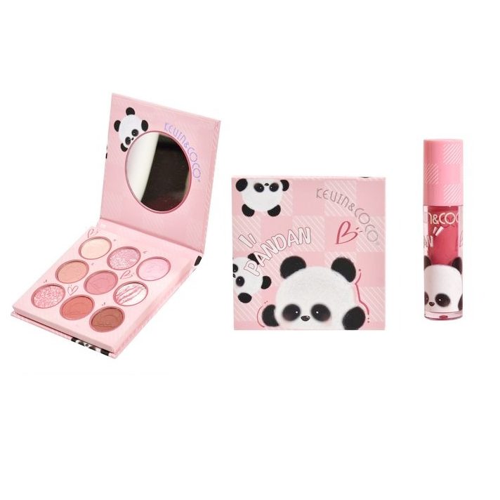 Kevin&Coco, Set Machiaj 2 in 1 cu Paleta 9 Farduri de Pleoape si Lipgloss, Textura Mat si Sidefat, Formula Hipoalergenica, Design Panda, Multicolor, 10.2x10.2x1.5 cm