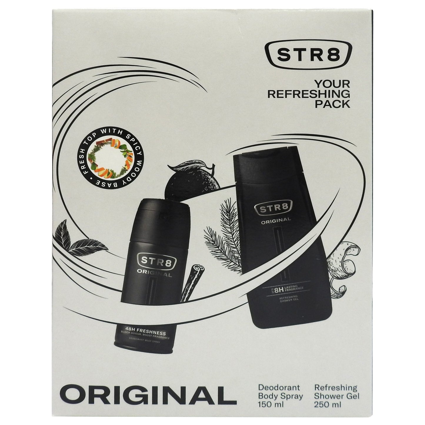 Set Cadou STR8 Original, Gel de Dus si Deodorant Spray, Extract de Mentol, 2 Piese, Gel 250 ml, Deo 150 ml