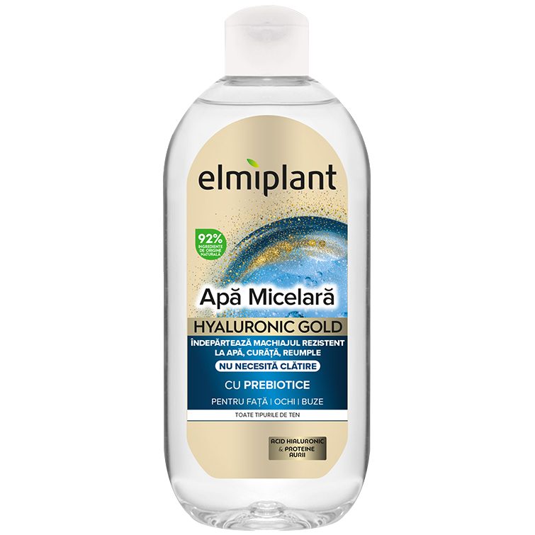 Elmiplant Apa Micelara Hyaluronic Gold, Curatare Hidratanta cu Acid Hialuronic si Aur Coloidal, Ten Sensibil si Matur, 400 ml