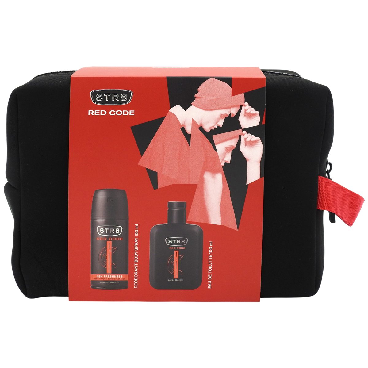Set Cadou STR8 Red Code, Apa de Toaleta 100 ml, Deodorant Body Spray 150 ml, Borseta Neagra inclusa, 2 Piese