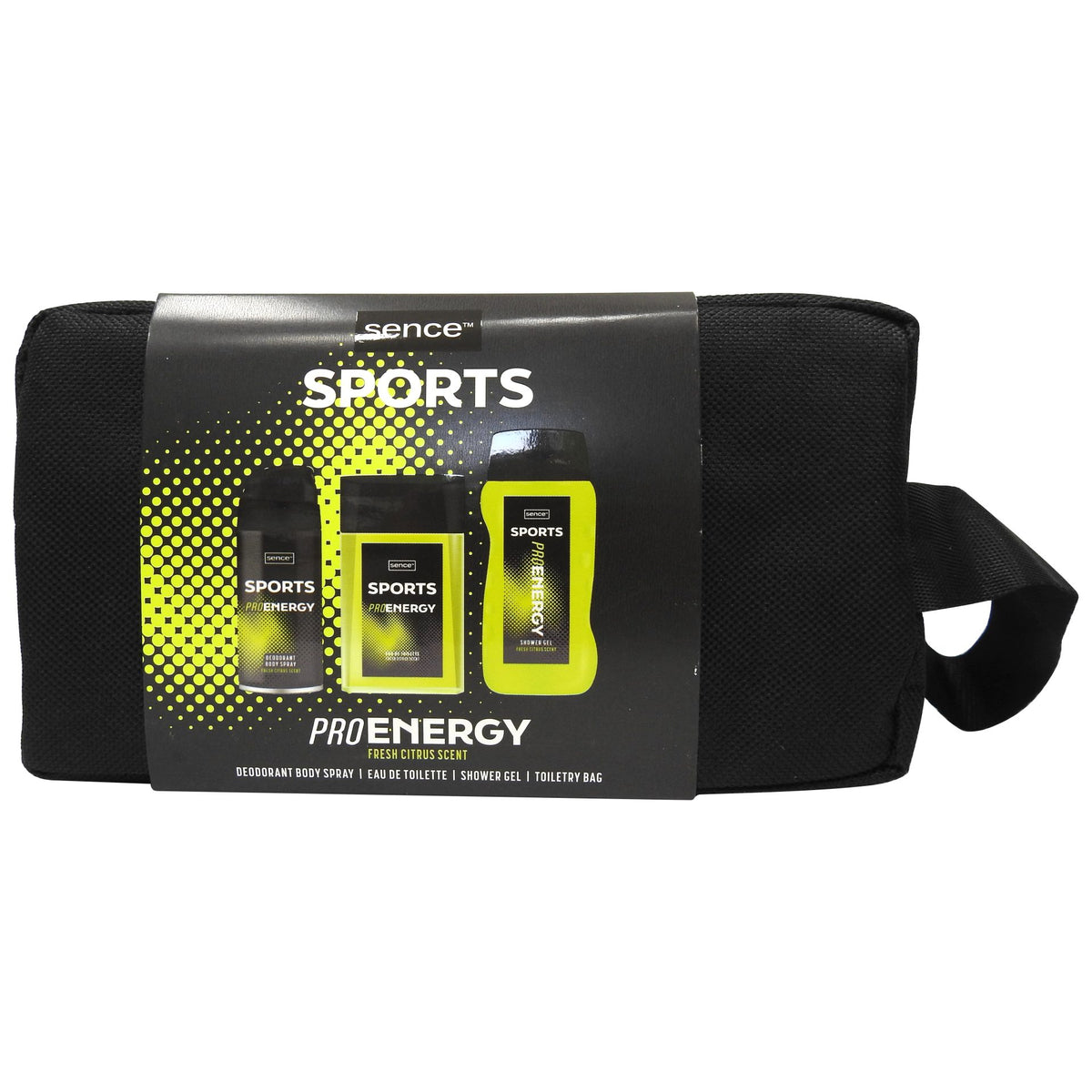 Sence Men Sports Pro Energy, Set Cadou Îngrijire Personală Pentru Bărbați, Include Deodorant 150 ml, Apă de Toaletă 100 ml și Gel de Duș 240 ml, 3 Piese cu Borsetă Inclusă