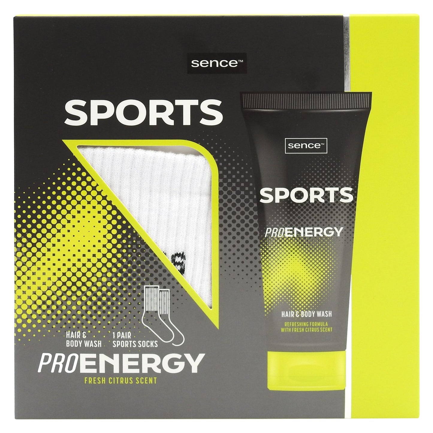 Sence Set Cadou Ingrijire Personala, Gel de Dus si Lotiune de Corp cu Sosete Sport Pro Energy, 2 x 250 ml, Alb/Negru