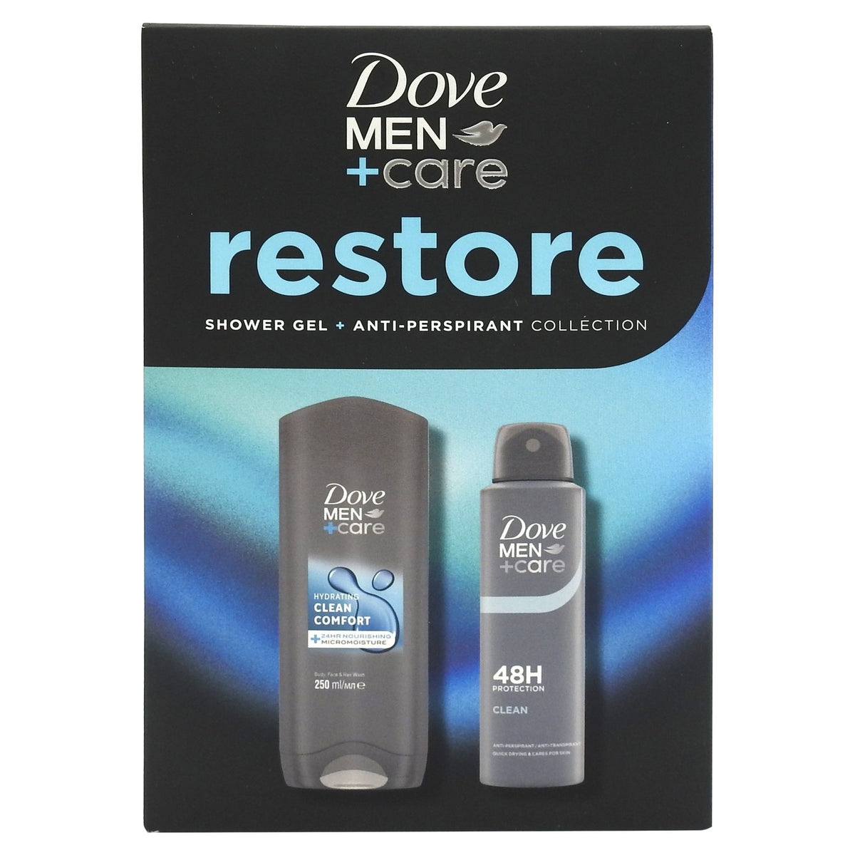 Set Cadou Dove Men+Care Restore, Gel De Dus Si Deodorant Spray, Extract De Lemn De Santal Si Ambra, 2 Piese, Gel Dus 250 ml, Deodorant 150 ml