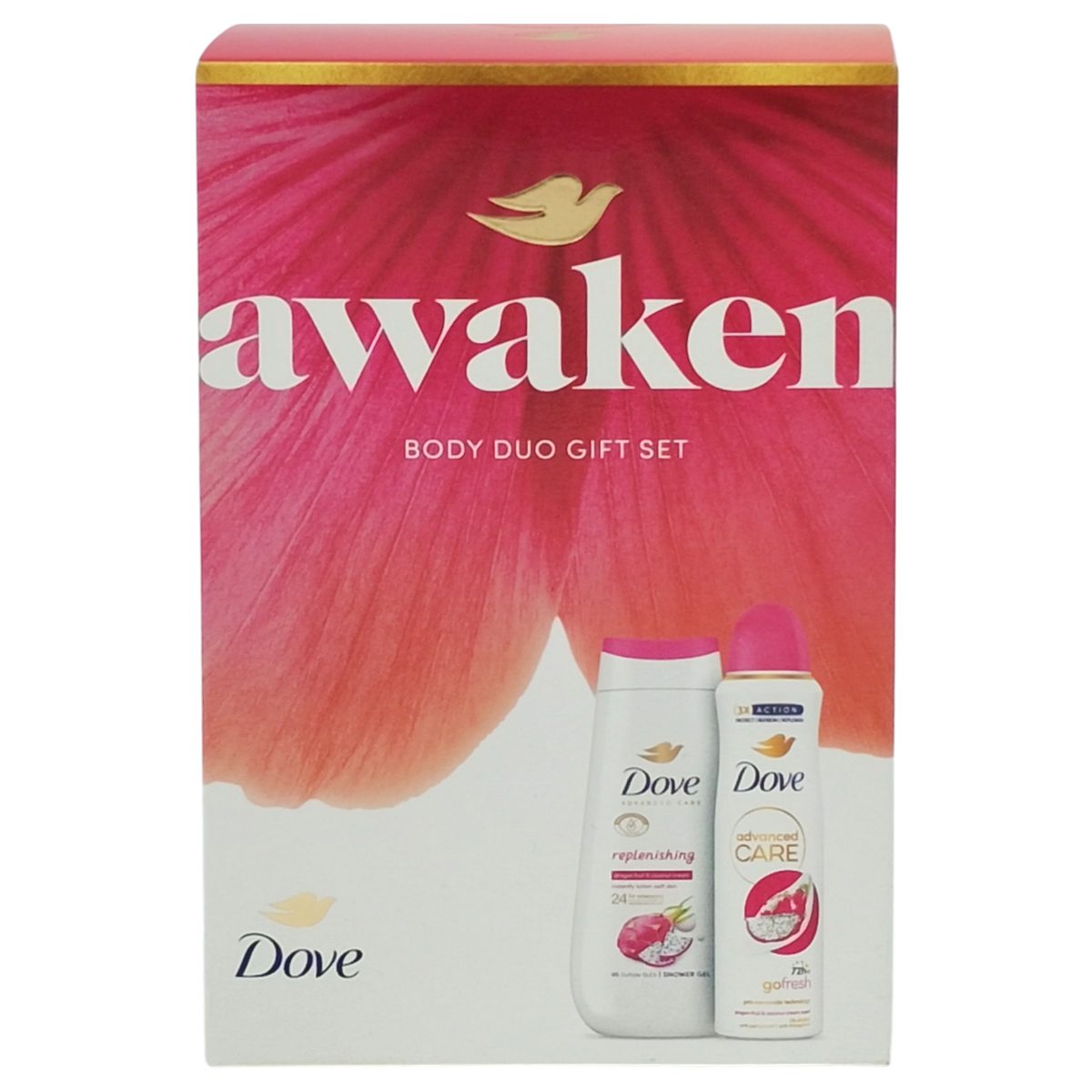 Set Cadou Dove Awaken, Gel de Dus Nutritiv 225 ml si Deodorant Spray 150 ml, Produse Ingrijire Corp, Femei, 2 Piese