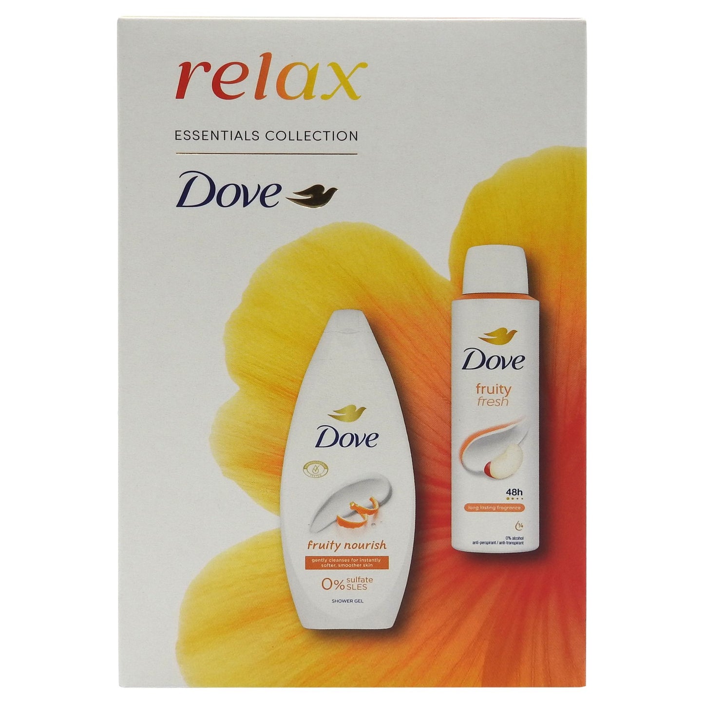 Dove Set Cadou Relax Fruity Fresh, Gel De Dus Hidratant 250 ml, Deodorant Spray 150 ml, Pachet Ingrijire Corp, 2 Piese