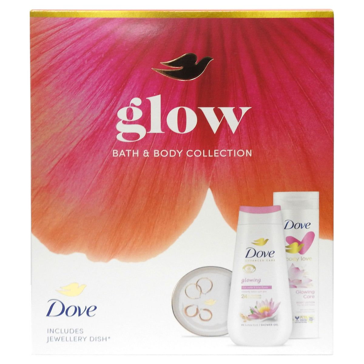 Set Cadou Dove Glow, Gel De Dus Hidratant 225 ml, Lotiune De Corp 250 ml, Suport Pentru Bijuterii Inclus