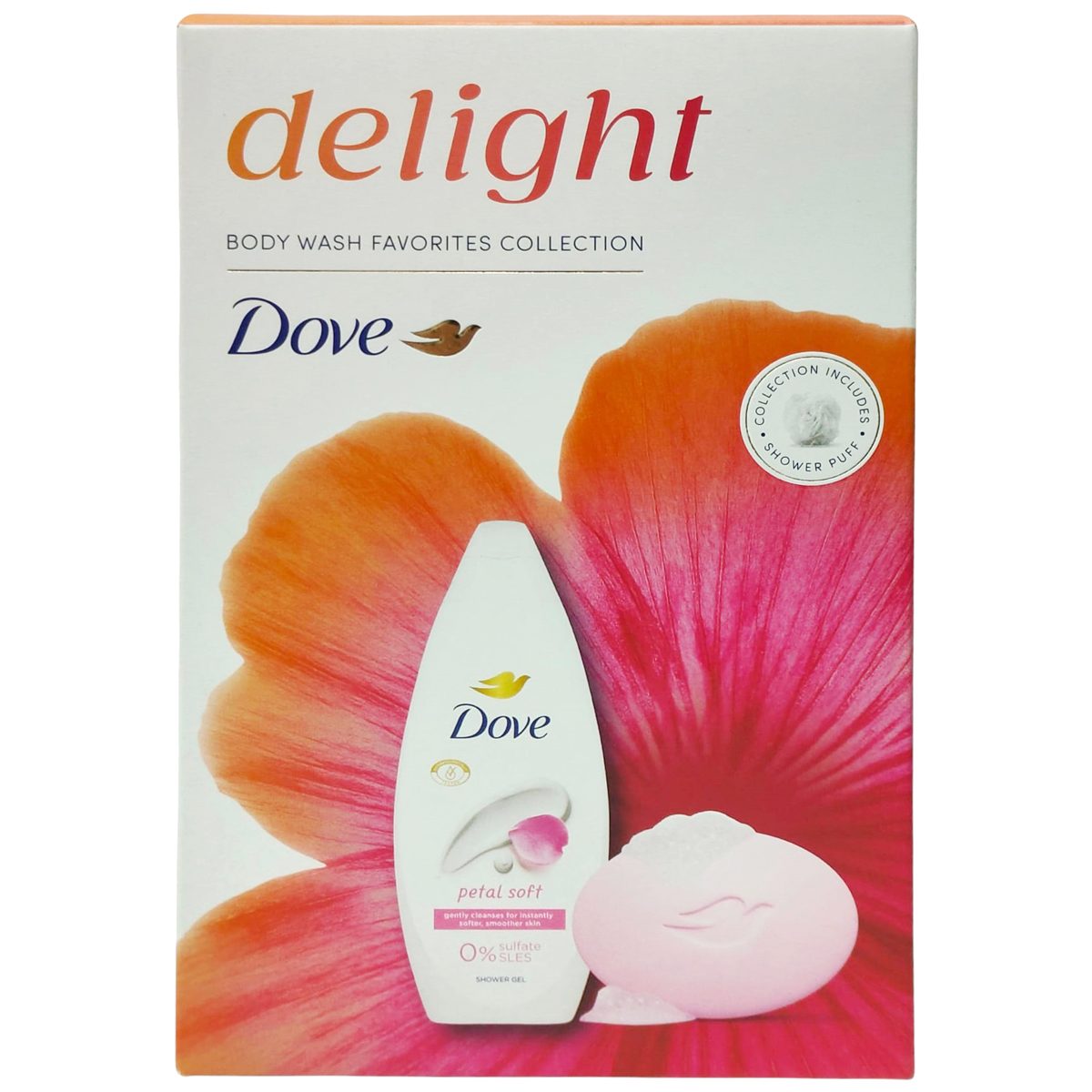 Set Cadou Dove Delight Petal Soft, Gel de Dus 250 ml, Sapun Solid 90 g, Puf pentru Dus, 3 Piese