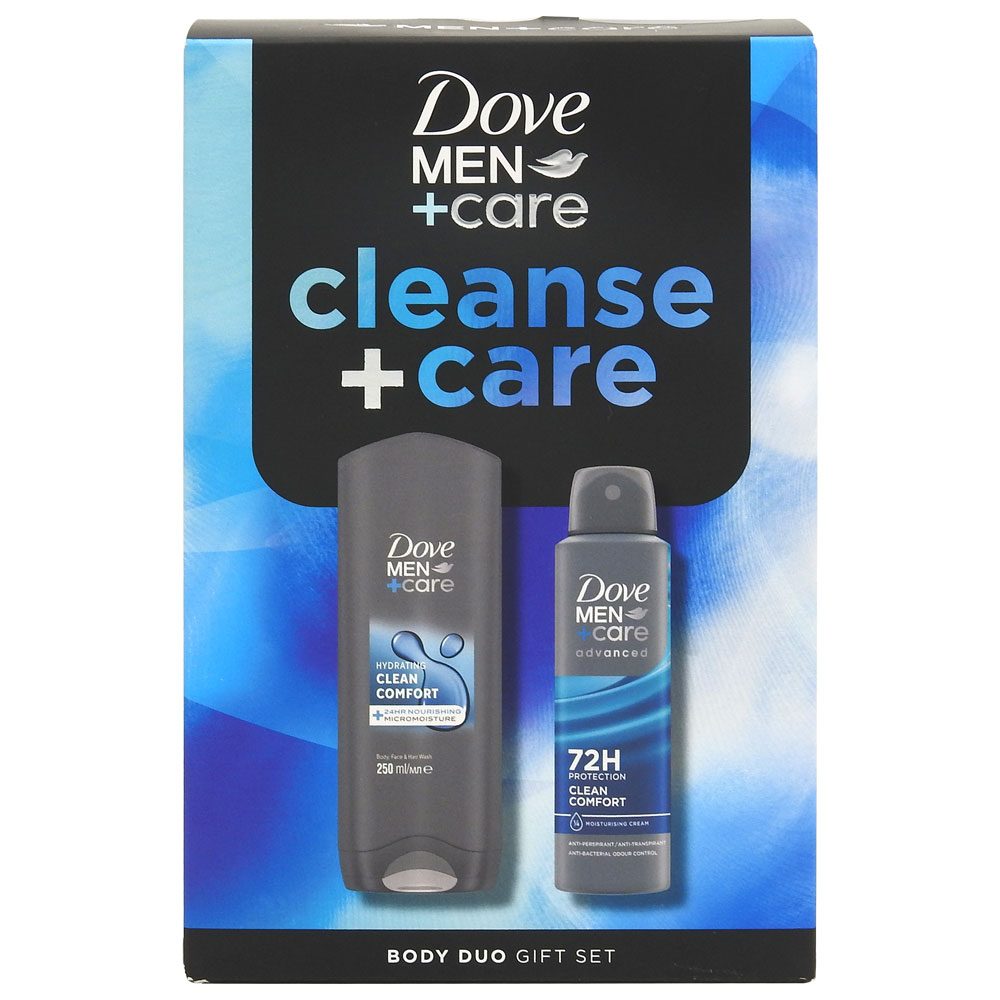 Dove Men+Care Clean Comfort Set Cadou Barbati, Gel de Dus Hidratant 250 ml, Deodorant Spray Protectie 48h 150 ml