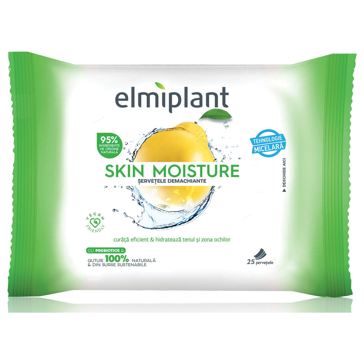 Elmiplant Servetele Demachiante Pentru Ten Normal si Mixt, Formula Curatare Eficienta si Hidratare, Pachet 25 Bucati