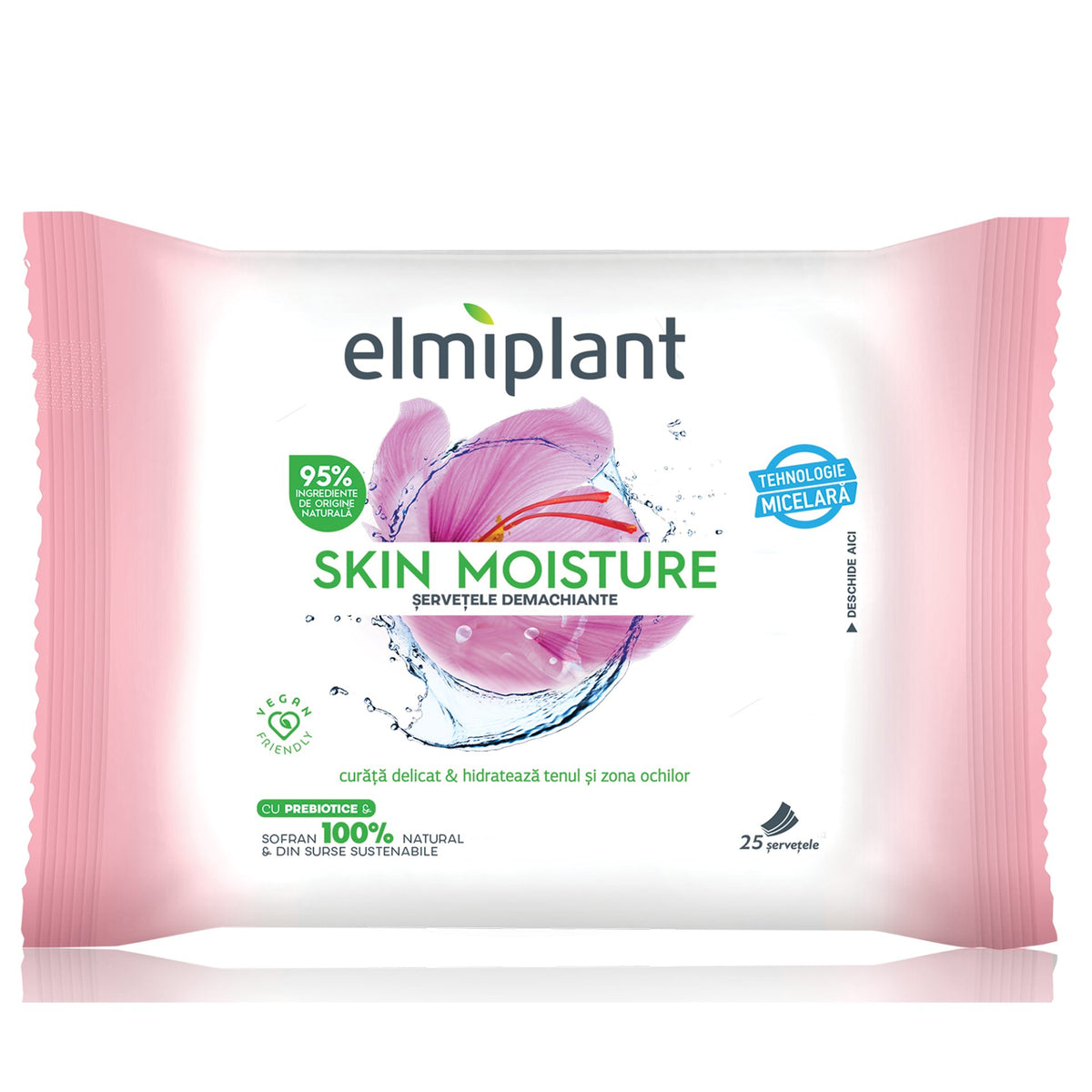 Elmiplant Servetele Demachiante Pentru Ten Sensibil Si Uscat, Formula Calmanta Fara Alcool, Curatare Delicata Si Hidratare, 25 Bucati